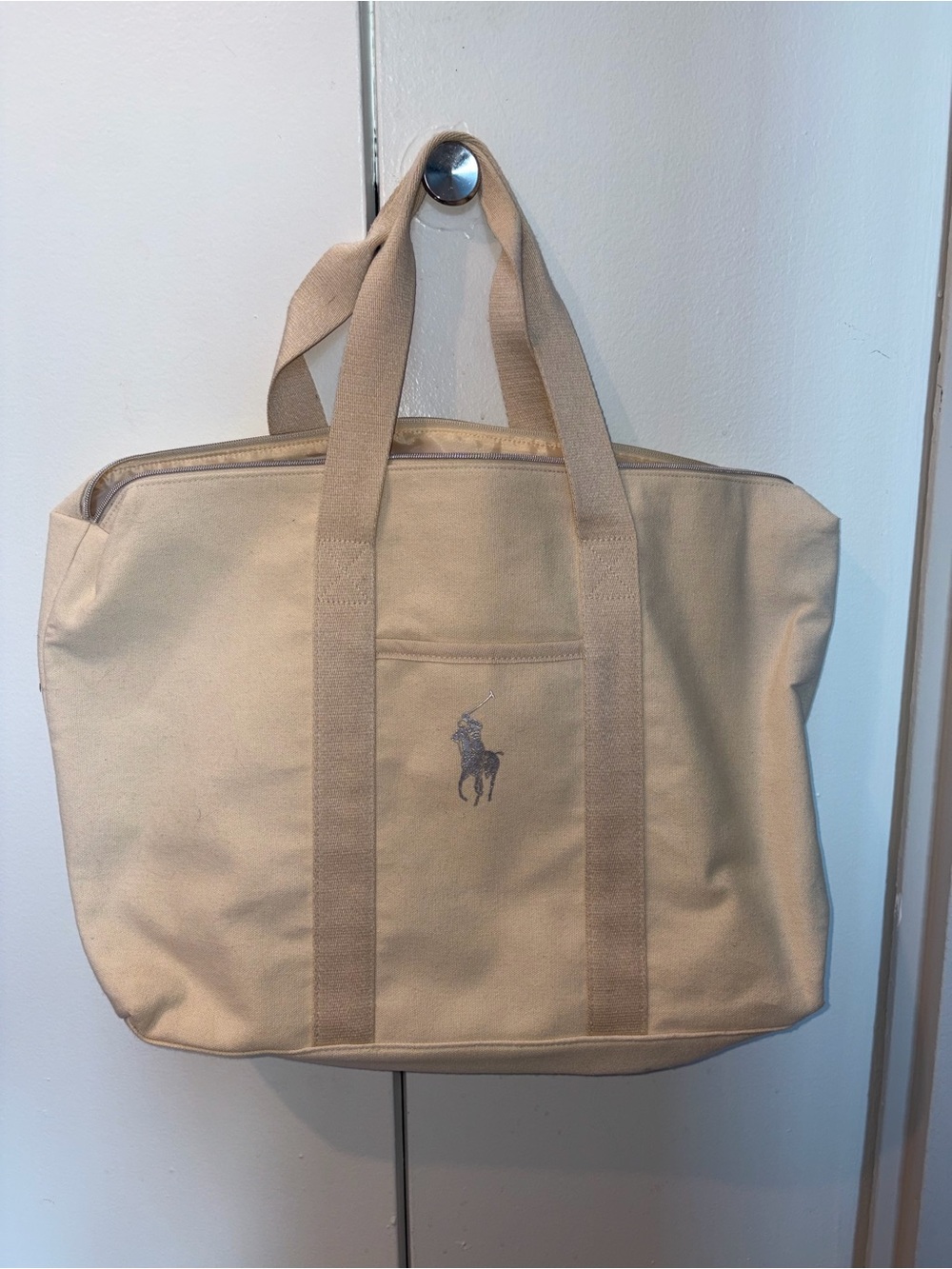 Ralph Lauren Tan Canvas Duffel Tote with Polo Pony